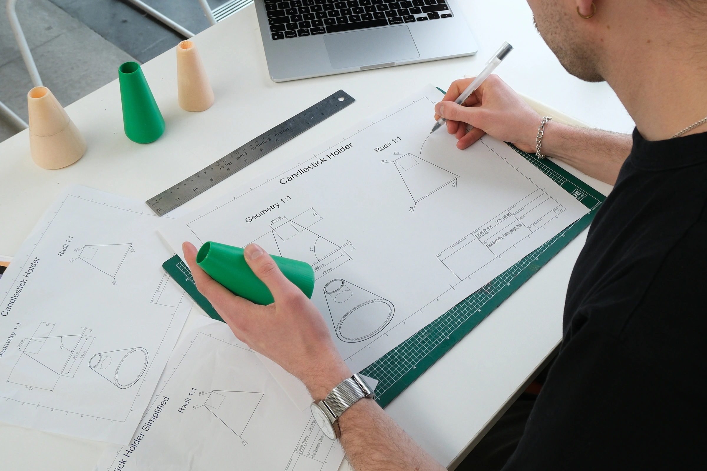 Prototypes and engineering drawings used to refine Conic’s proportions