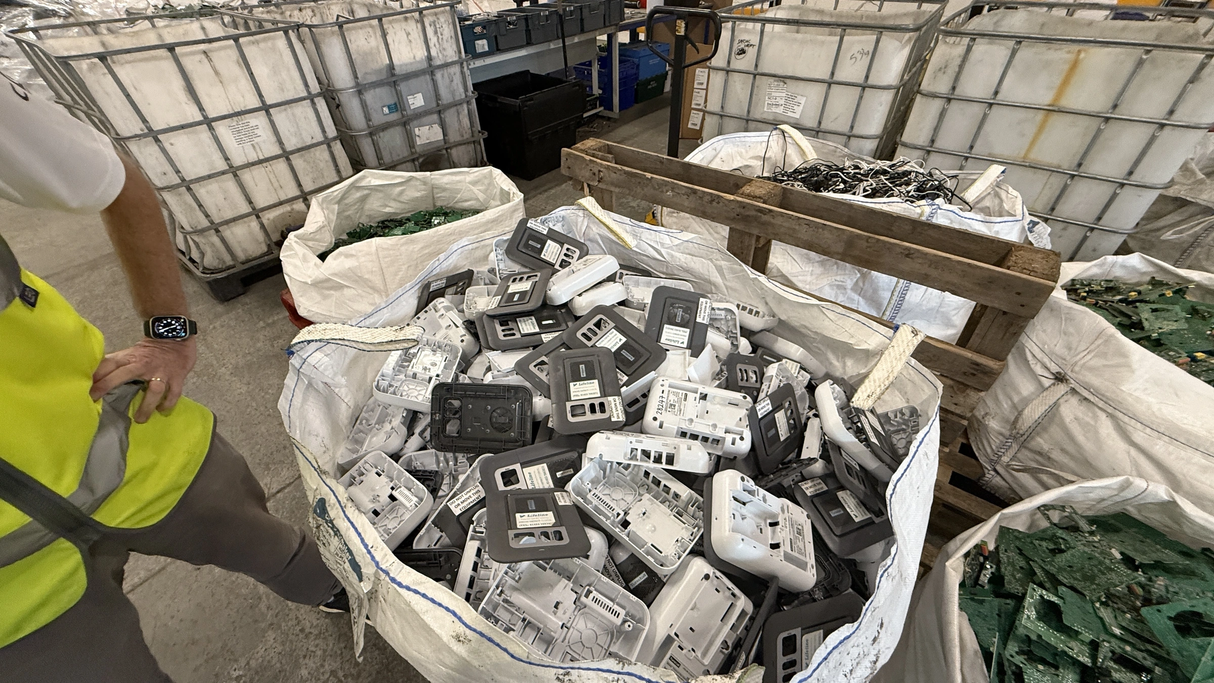 Discarded electronic product housings and circuit boards collected for recycling