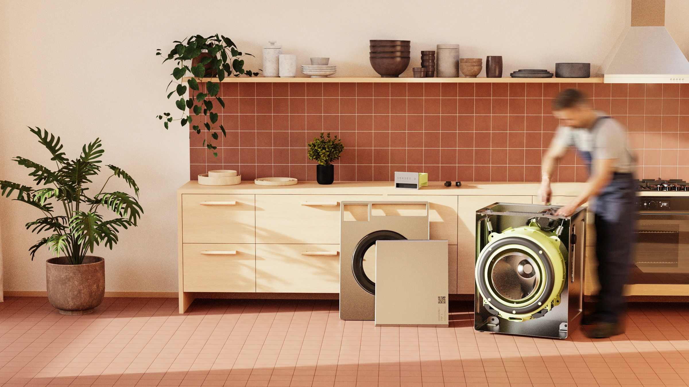 Series W washing machine opened for repair in a tiled kitchen